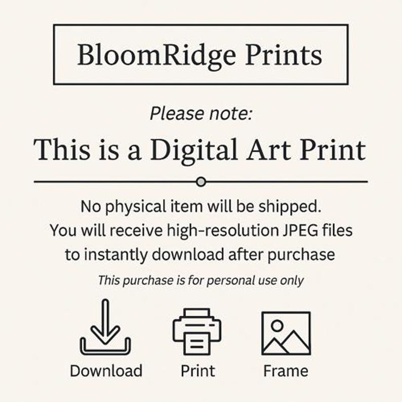 K&ouml;nnte beinhalten: Werbung f&uuml;r digitale Kunstdrucke mit dem Text "BloomRidge Prints". Der Text "This is a Digital Art Print" wird angezeigt. Symbole f&uuml;r Download, Druck und Rahmen sind abgebildet. Der Kauf ist nur f&uuml;r den pers&ouml;nlichen Gebrauch bestimmt.