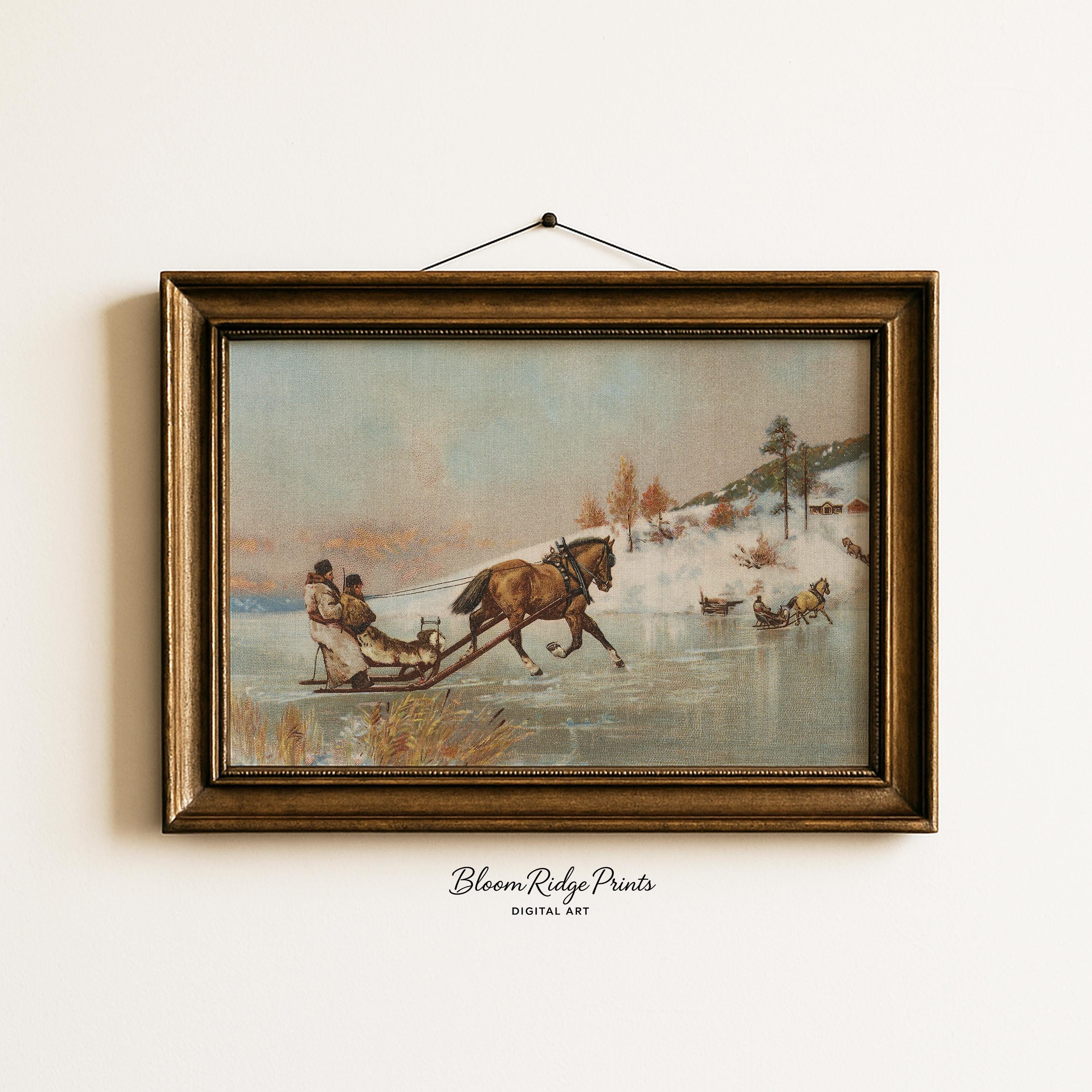 Rustic Sleigh Rides Vintage Winter Sleigh Ride Art Print: Rustic Horse & Sleigh Landscape ...