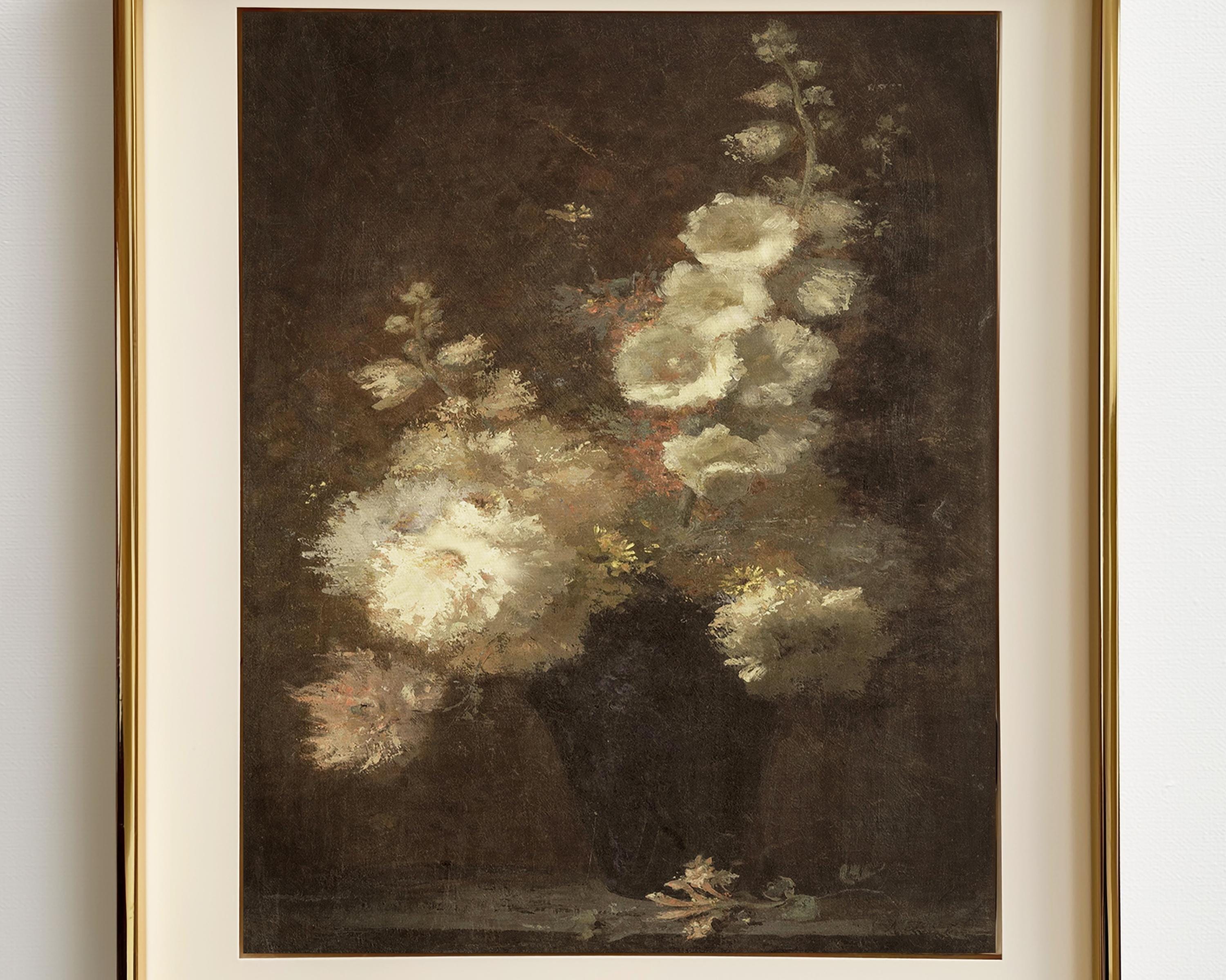 Moody Floral Oil Painting Wall Art Print: Vintage Still Life Flowers ...