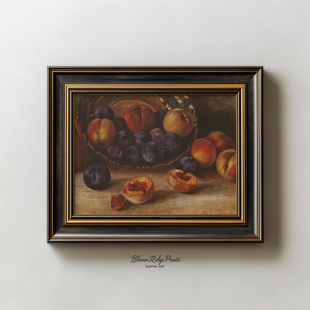 Vintage Fruit Still Life Art Print: Moody Plum & Peach Oil Painting ...
