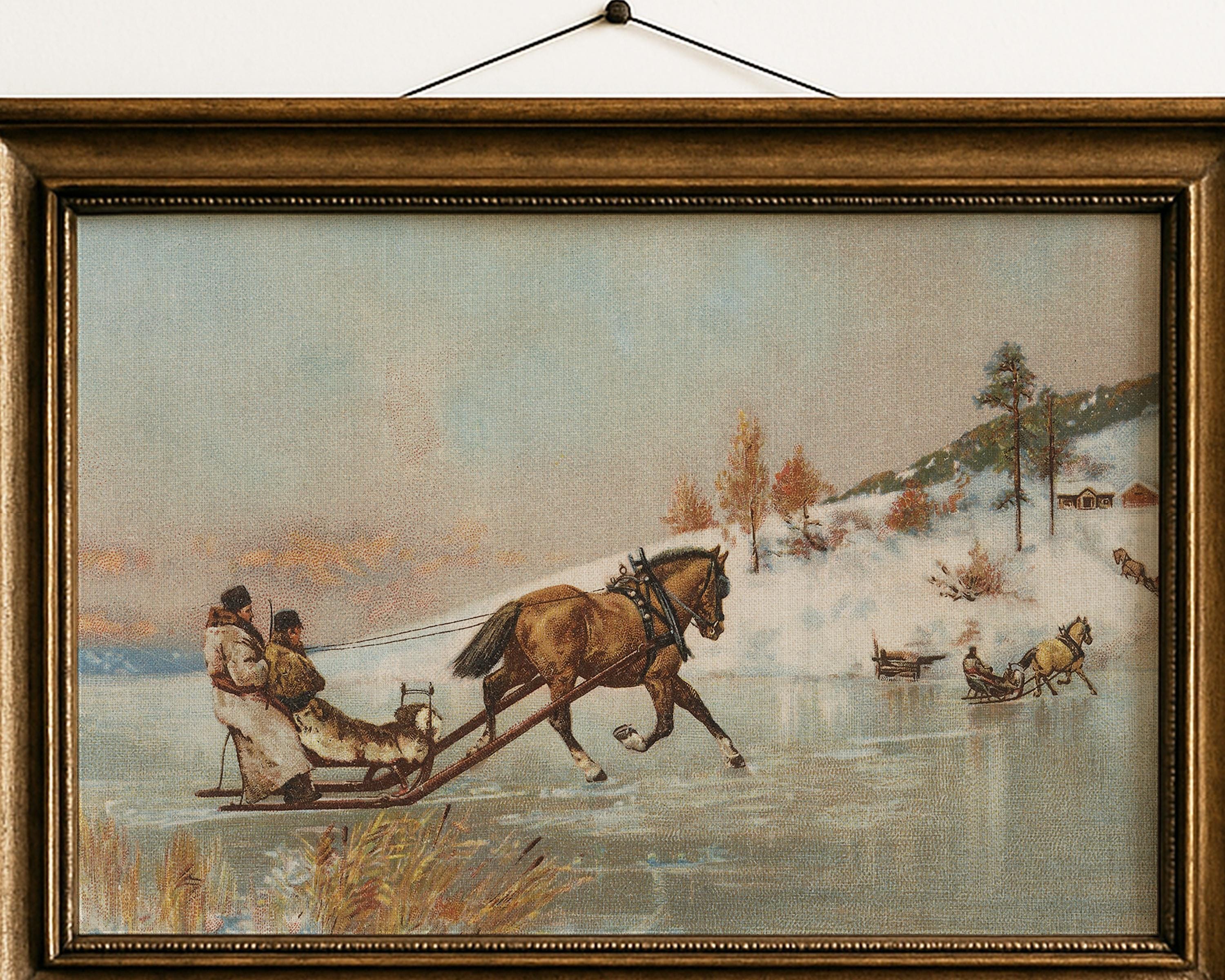Rustic Sleigh Rides Vintage Winter Sleigh Ride Art Print: Rustic Horse & Sleigh Landscape ...
