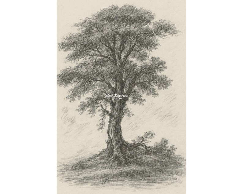Vintage Tree Sketch Print: Charcoal Drawing, Rustic Wall Art (digital ...