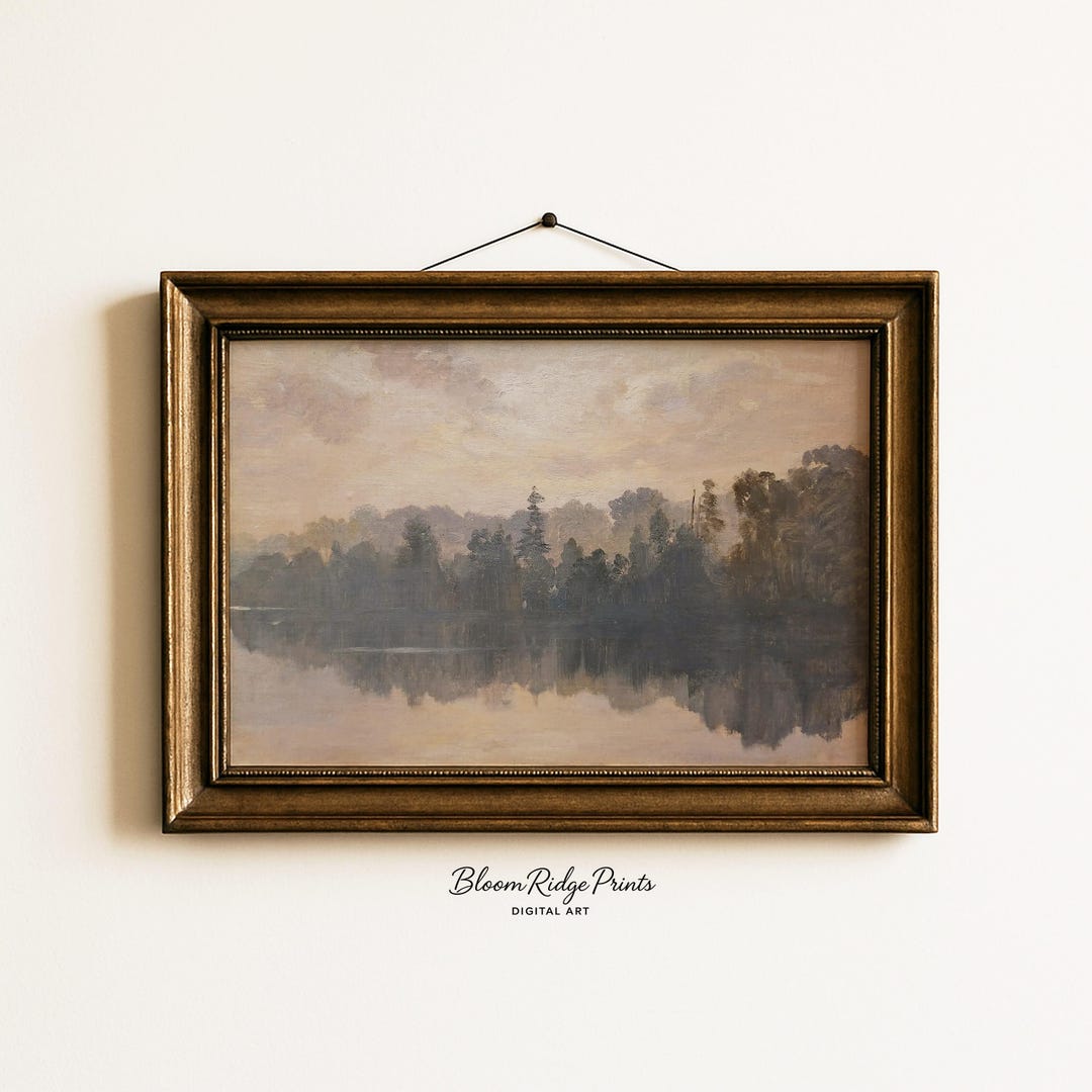 Misty Forest Lake Wall Art Print: Vintage Neutral Moody Landscape ...
