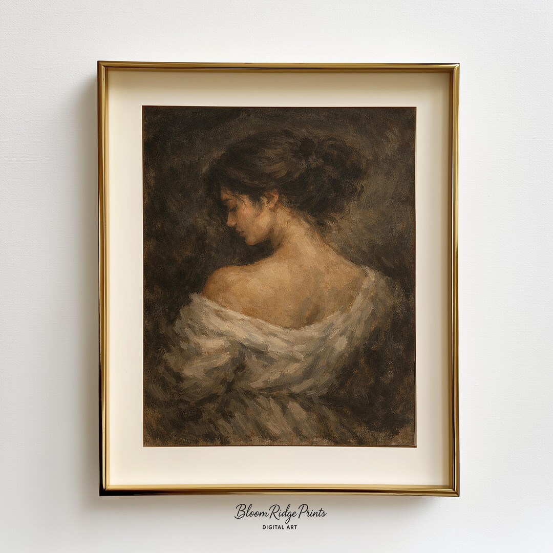 Vintage Woman Portrait Wall Art: Moody Neutral Oil Painting (digital ...