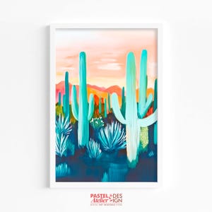 Mur minimaliste désert et cactus imprimable, art imprimable cactus rétro, décoration murale sur le thème western, art mural imprimable rose et vert