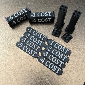 TCG Cost minus, Kosten reduzieren, -1 bis -5 Kosten, Negativ, Effektwürfel, Fusion World, One Piece etc., 4 Stk