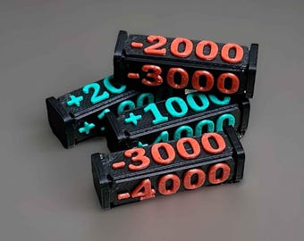 TCG Power Counter, Tokens +/-1000 to +/-4000, Positive & Negative, Strength, Attack Power, Effect Dice, Individual, One Piece, 4 pcs.
