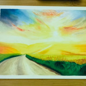 Original Oil Pastel Landscape Painting: Road to Golden Plains Artwork, Unframed