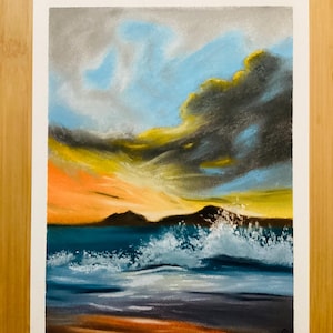 Original Soft Pastel Seascape Painting: Sunset Ocean Art, Unframed, Majestic Wall Decor/Gift for Seascape and Sunset Lovers, Beachgoers