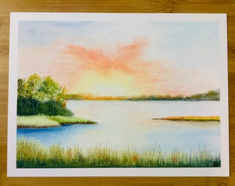 Lakeside Sunset Pastel Painting—Soft Pastel Landscape Art with Trees, Water Reflections & Golden Sky, Nature Wall Decor/Gift, Unframed