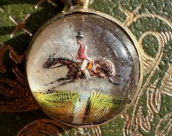 Rare Victorian Essex Crystal Fox Hunt Pendant - Reverse Intaglio Huntsman 14ct Gold c.1890