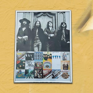Framed Beatles Album Collage Art: Black & White Photo, Vintage Silver Frame