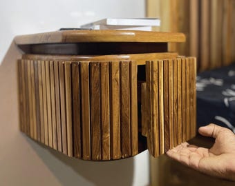 Mesita de noche flotante de teca hecha a mano con cajón: Mesita de noche moderna para montar en la pared