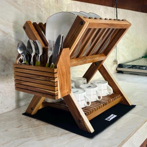 Handmade Teak Wood Dish Rack with Utensil Holder - Small Kitchen Organizer