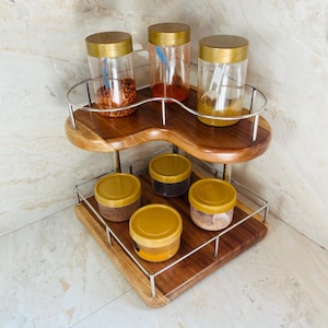 Handmade Teak Corner Spice Rack: 2-Tier Kitchen Organizer