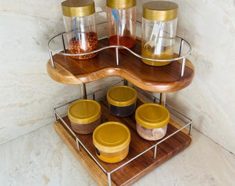 Handmade Teak Corner Spice Rack: 2-tier Kitchen Organizer