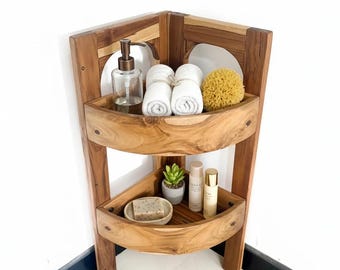 Teak Corner Shelf, 2 Tier Bathroom Rack, Wooden Spice Rack, Floor Standing Storage, 9x24 in