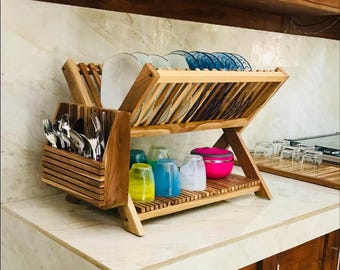 Handmade Teak Wooden Dish Drying Rack: Over Sink Organizer, Free Mat