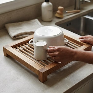 May include: A rectangular wooden dish drying rack with a slatted surface, featuring a white ceramic bowl placed upside down and a matching white ceramic mug held upright on the rack, showcasing a natural wood grain finish and sturdy construction.