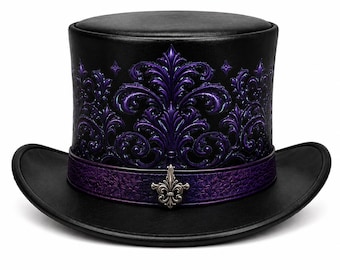 Sombrero de copa gótico negro y morado, sombrero victoriano steampunk de cuero para Halloween.