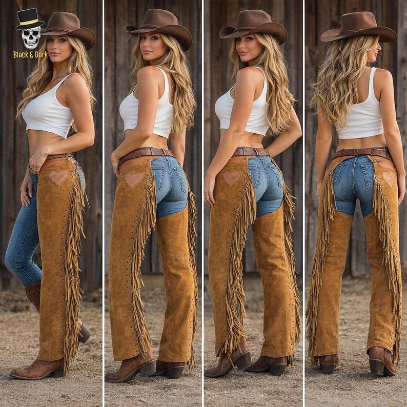 May include: A woman wearing a brown cowboy hat, white tank top, blue jeans, and brown suede chaps with fringe. The chaps have a heart-shaped design on the back. The woman is also wearing a brown belt and cowboy boots.