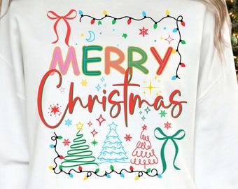 Preppy Christmas Tree PNG, Kokieteryjny wzór kokardy świątecznej, Dziewczęca koszulka świąteczna PNG, Retro sublimacja świąteczna, Urocze świąteczne pobieranie