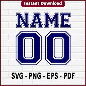 May include: A digital design featuring the word "NAME" above the number "00", in a navy blue, outlined font. The design is set against a white brick background, with "Instant Download" at the top and file type options at the bottom.