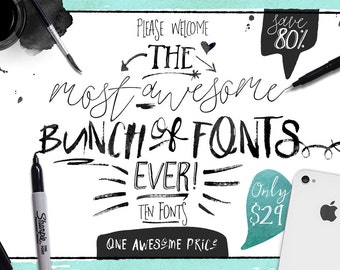 80% OFF Sale, Big Bunch of Fonts, hand drawn digital typeface bundle for typography, Brush, script, display