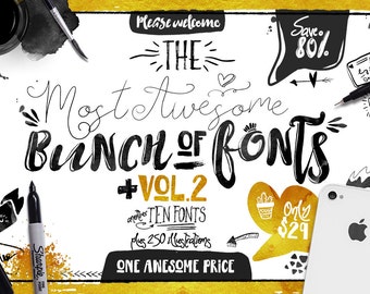 Big Bunch of Fonts Vol 2 - hand drawn digital typeface bundle for typography - Brush, script, display