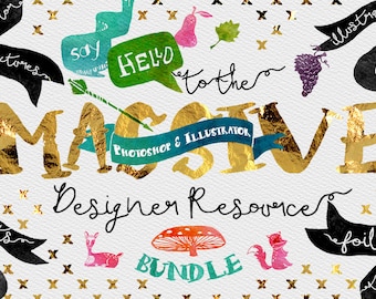 Digital Graphic Designer Resource Bundle - Fonts, Clip Art, Watercolor, Gold, silver, platinum Foil, Script Typeface