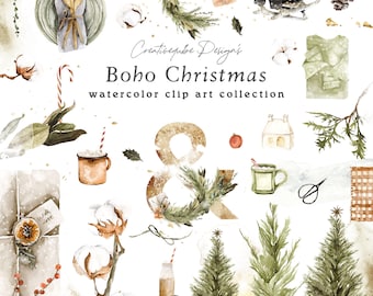May include: Watercolor clipart collection featuring a variety of Christmas elements in a boho style.  Includes a wreath, a mug, a house, a pine tree, a gift, a candy cane, cotton, and more.