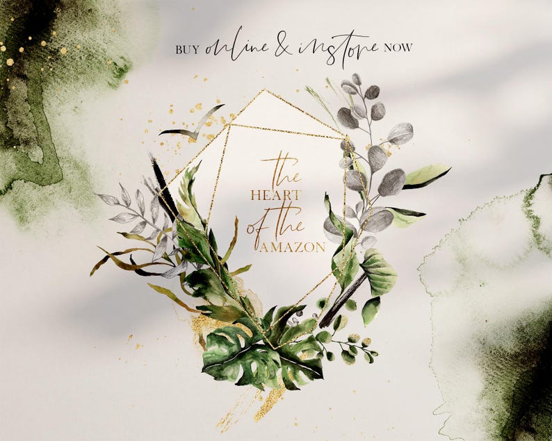 May include: A watercolor illustration of a geometric frame with gold accents, surrounded by green and gray foliage. The text "The Heart of the Amazon" is written inside the frame.