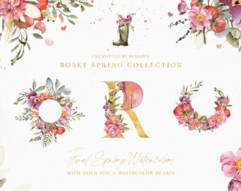 Rosey Valentine Aquarell Clipart: Frühlingsblumen Set (Kommerzielle Nutzung)