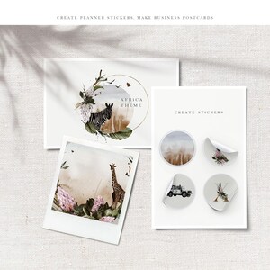 May include: A set of printable stickers featuring an Africa theme. The stickers include a zebra, giraffe, a jeep, and a floral design. The stickers are perfect for adding a touch of whimsy to your planner or journal.