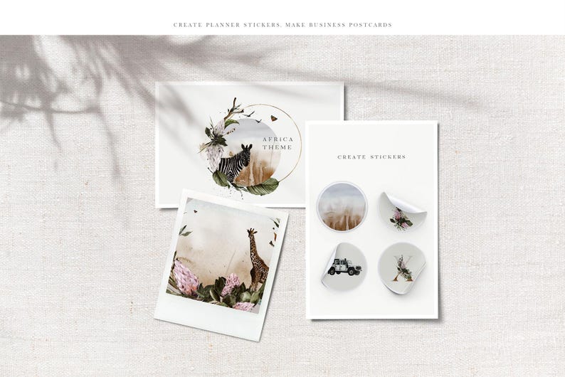 May include: A set of printable stickers featuring an Africa theme. The stickers include a zebra, giraffe, a jeep, and a floral design. The stickers are perfect for adding a touch of whimsy to your planner or journal.