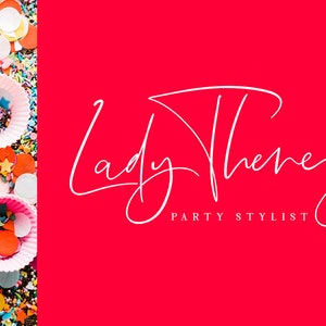 Puede incluir: Un logotipo blanco sobre un fondo rojo con el texto "Lady Theresa Party Stylist".