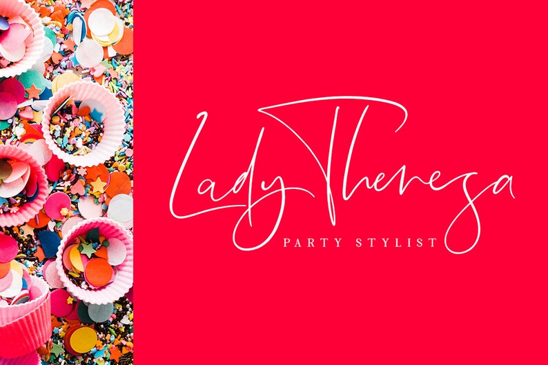 Puede incluir: Un logotipo blanco sobre un fondo rojo con el texto "Lady Theresa Party Stylist".