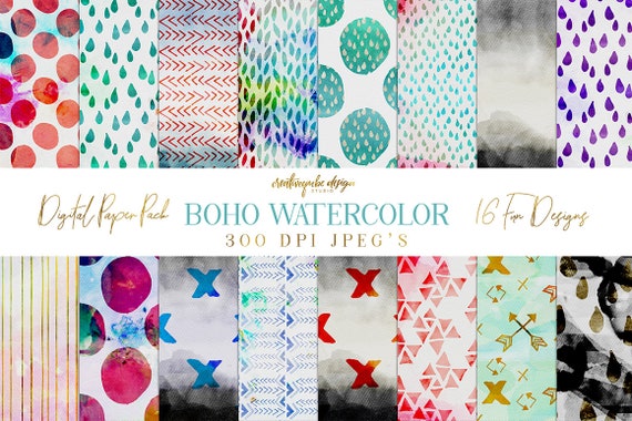Digital paper, Boho Watercolor Patterns - 16 digital pattern backgrounds, Planner Printable