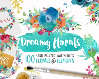 Dreamy Florals Watercolor Clipart Bundle - Hand Painted flowers, leaves, wreaths, Stickers, Planner Printable