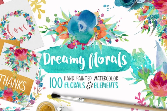 Dreamy Florals Watercolor Clipart Bundle - Hand Painted flowers, leaves, wreaths, Stickers, Planner Printable