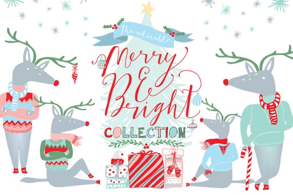 Christmas Clipart, Digital Clip Art, Holiday Clipart, PNG, Vectors - Christmas tree, reindeer, Snowflakes, Deer, Presents, gift