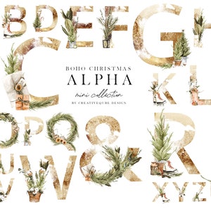 Collezione Boho Christmas Alpha Acquerello mini, Clip Art, Dipinto a mano, Adesivo Planner, Uso commerciale, lettere dell'alfabeto natalizio
