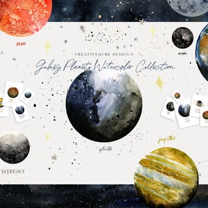 Galaxy Planeten Aquarell Clipart Sammlung, Clip Art, digitales Papier, handgemaltes Aquarell Set, Planer Aufkleber, kommerzielle Nutzung