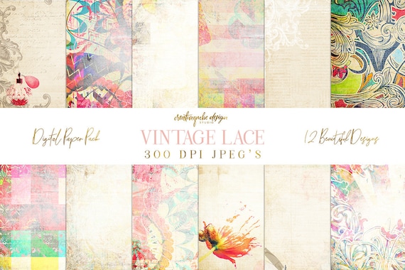 Shabby Chic Digital paper, Digital Scrapbook paper pack, Instant download, 12 Digital Papers, Vintage shabby chic, Planner Printable