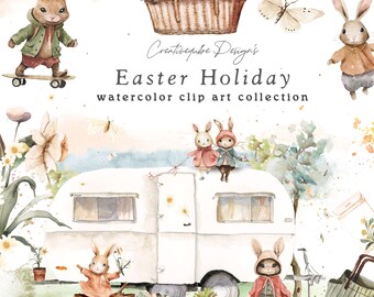 Aquarell Osterhase Clip Art: Wohnwagen, Narzissen, Eier (Digitaler Download)