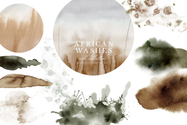 May include: A set of 10 watercolor washes in earthy tones, including brown, green, and gray. The washes are perfect for adding texture and depth to your designs. The set is called "African Washes" and is a mini collection by Creativiture Design.