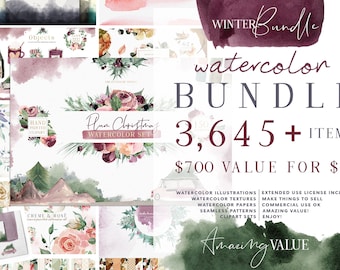 Watercolor Clipart Bundle: Christmas, Fall Illustrations, Digital Paper (Digital Download)