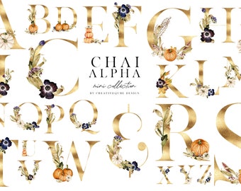 Chai Alpha Watercolor mini Collection, Clip Art, Hand Painted, Planner sticker, Commercial Use, autumn gold foil alphabet letters