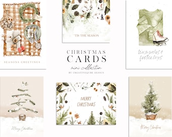 Boho Christmas Cards Aquarelle mini Collection, Clip Art, Peint à la main, Autocollant de planificateur, Utilisation commerciale, Cartes de Noël imprimables