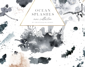 Ocean Splashes Watercolor mini Collection, Clip Art, Hand Painted, Planner sticker, Commercial Use, Night in the deep splashes clipart